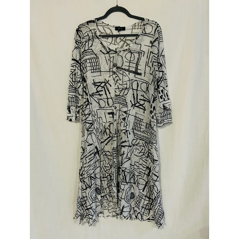 Abstract Geometric Print Sheer Midi Dress Black White Handkerchief Hem Tunic l